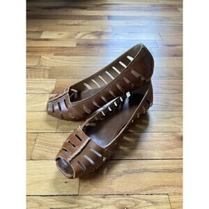 FRYE Leather Ballet Flats Slip On Shoes Sandals Peep Toe Cut Outs Tan Size 6.5 B